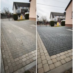 Wiśniewski Umyje - Zdjęcie 'przed i po' prezentujące efekt czyszczenia kostki brukowej na podjeździe. Po lewej stronie widoczna brudna kostka, po prawej - czysta, w ciemniejszym odcieniu.