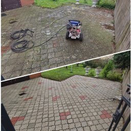 Wiśniewski Umyje - Efekt przed i po czyszczenia kostki brukowej na posesji. Na górze zabrudzona kostka, na dole czysta, z odzyskanym kolorem. Widoczna myjka ciśnieniowa.