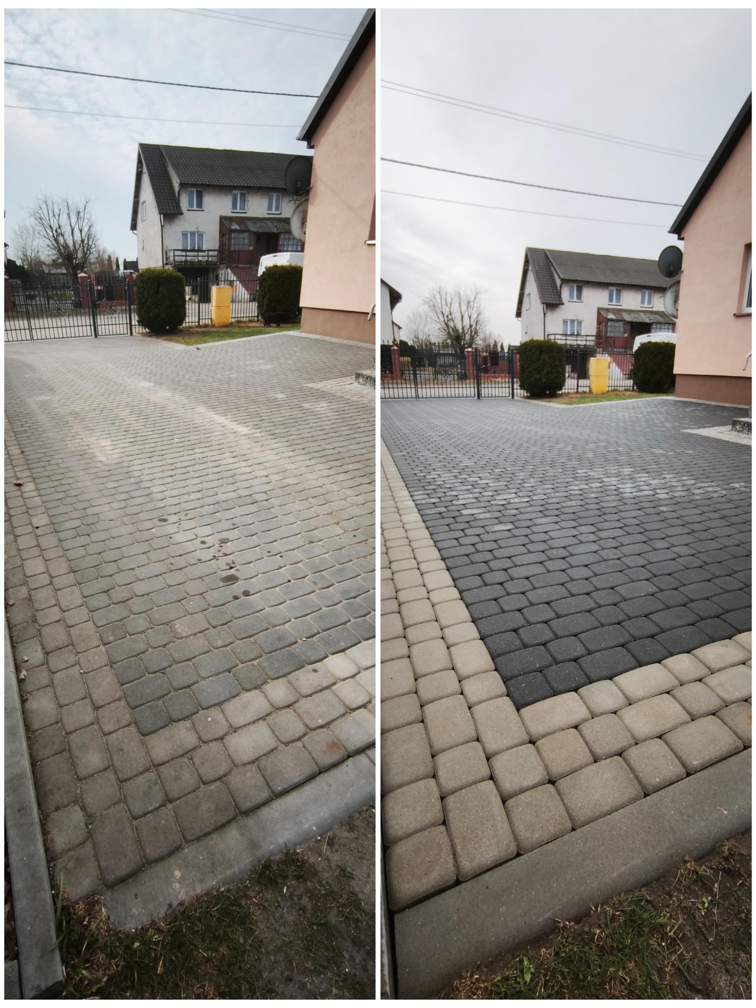 Zdjęcie 'przed i po' prezentujące efekt czyszczenia kostki brukowej na podjeździe. Po lewej stronie widoczna brudna kostka, po prawej - czysta, w ciemniejszym odcieniu.