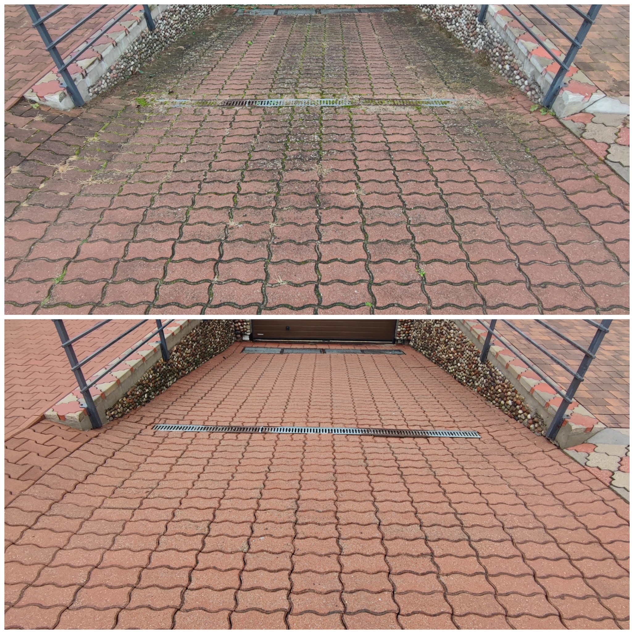 Zdjęcie 'przed i po' czyszczenia czerwonej kostki brukowej na podjeździe. Widoczne różnice w czystości, z usuniętymi mchami i zabrudzeniami. Metalowa kratka odpływowa.