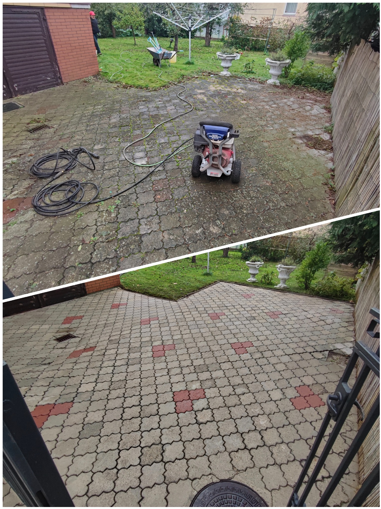 Efekt przed i po czyszczenia kostki brukowej na posesji. Na górze zabrudzona kostka, na dole czysta, z odzyskanym kolorem. Widoczna myjka ciśnieniowa.