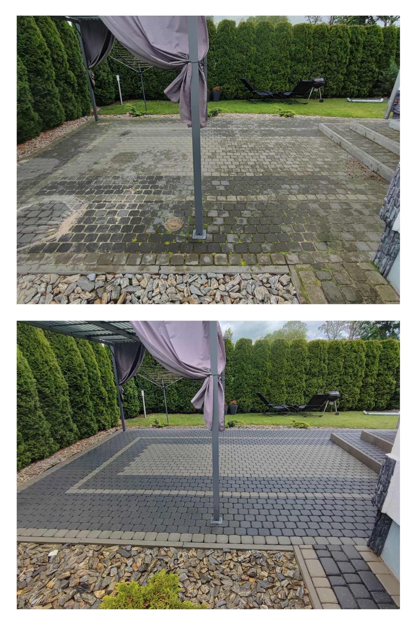 Zdjęcie 'przed i po' czyszczenia kostki brukowej pod altaną. Widoczne różnice w kolorze i czystości kostki, otoczenie z zielenią i elementami architektury ogrodowej.