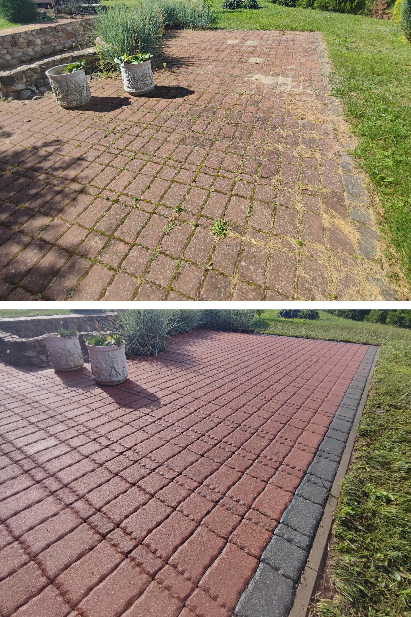 Zdjęcie 'przed i po' prezentujące efekt czyszczenia czerwonej kostki brukowej. Widoczne donice z roślinami i trawnik. Kostka po czyszczeniu ma intensywny, jednolity kolor.