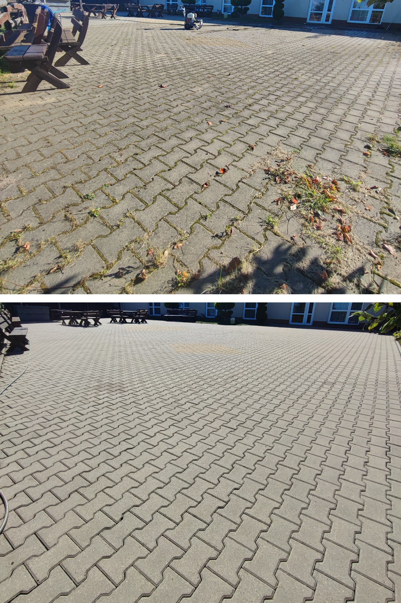 Zdjęcie 'przed i po' prezentujące efekt czyszczenia kostki brukowej na zewnątrz budynku. Widoczne różnice w czystości i usunięciu zabrudzeń, mechów i liści.