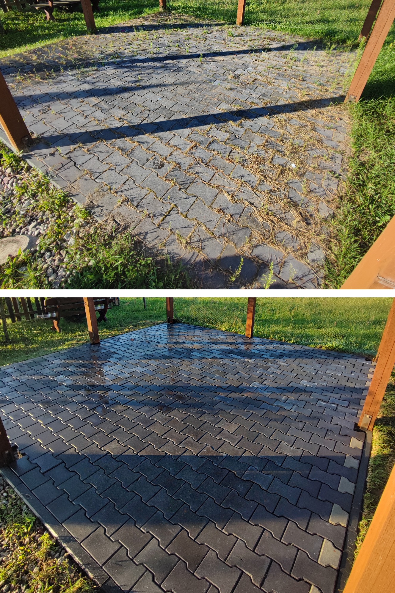 Zdjęcie 'przed i po' czyszczenia kostki brukowej pod drewnianą konstrukcją. Górna część: zabrudzona kostka, dolna: czysta, mokra kostka. Widoczne trawa i cień.