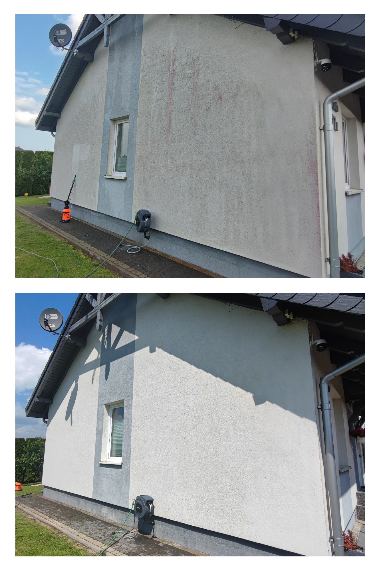 Porównanie elewacji domu przed i po czyszczeniu. Widoczne różnice w kolorze i czystości tynku, z detalami jak pompa ciśnieniowa i zwinięty wąż ogrodowy.
