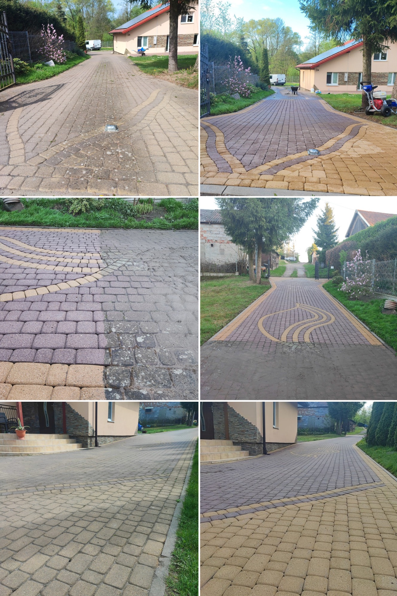 Efekt przed i po czyszczenia kostki brukowej na podjeździe. Widoczne różnice w kolorze i czystości kostki, zarys wzoru. Na drugim planie dom i zieleń.