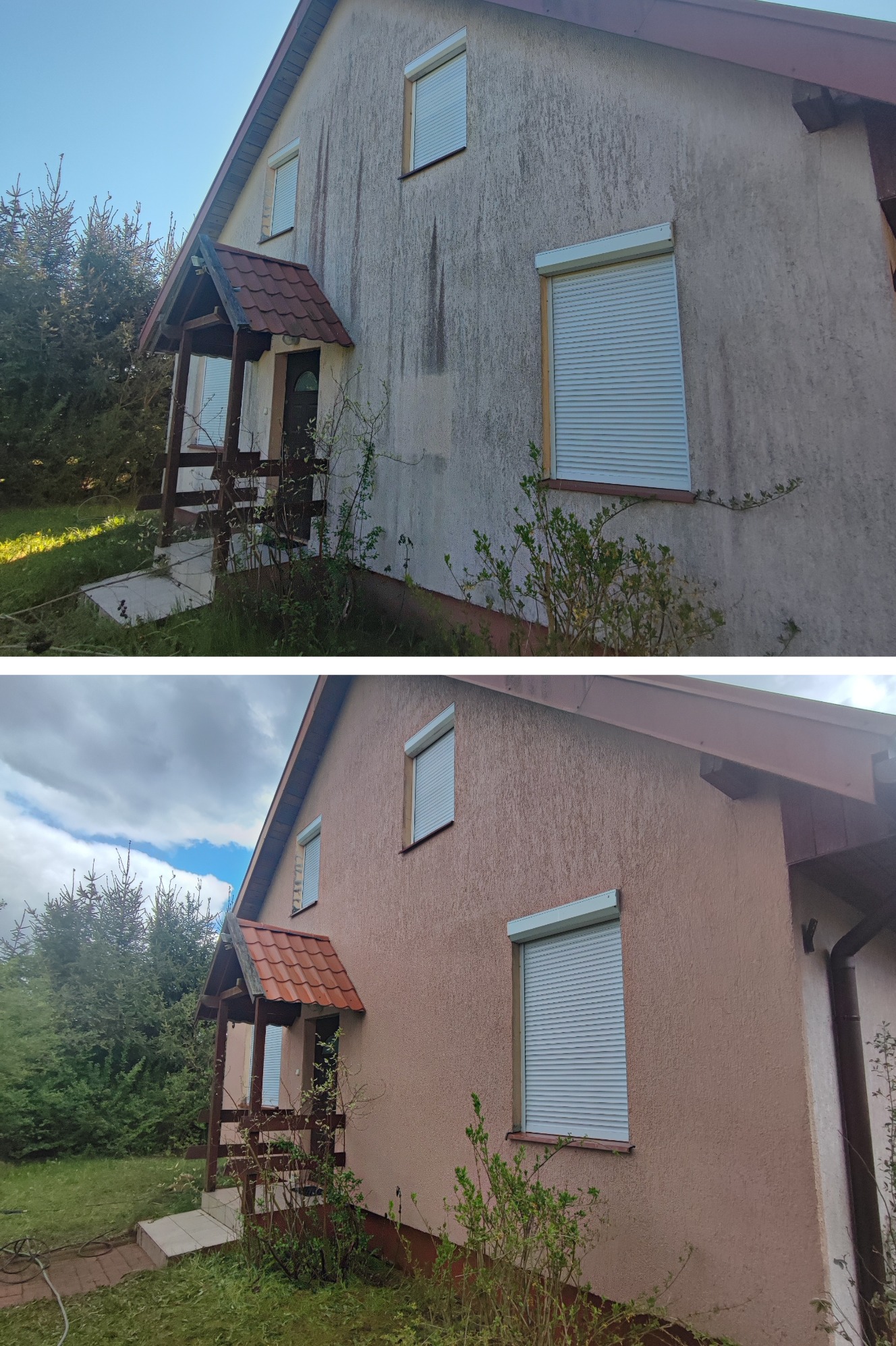 Zdjęcie elewacji domu przed i po myciu. Widoczne różnice w kolorze i czystości tynku, zwłaszcza w okolicach okien z roletami i pod zadaszeniem wejścia.