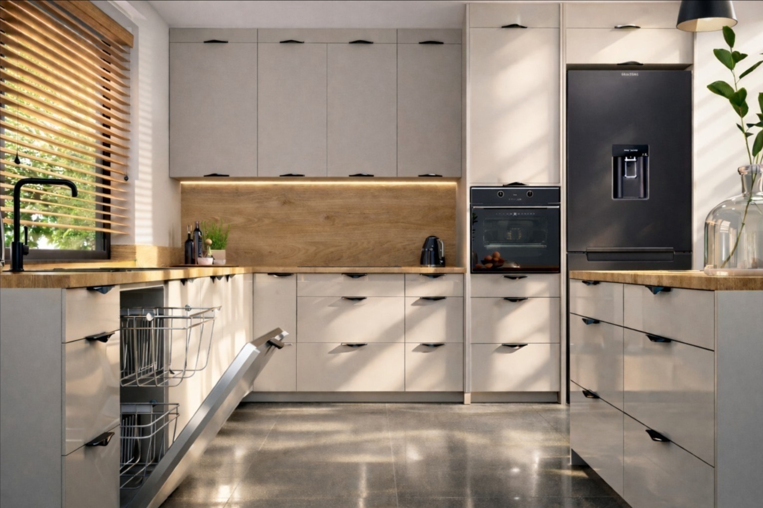 Nowoczesna kuchnia w beżach z drewnianymi akcentami: minimalistyczne fronty, czarny sprzęt AGD i otwarty kosz cargo. Jasne wnętrze z roletami drewnianymi.