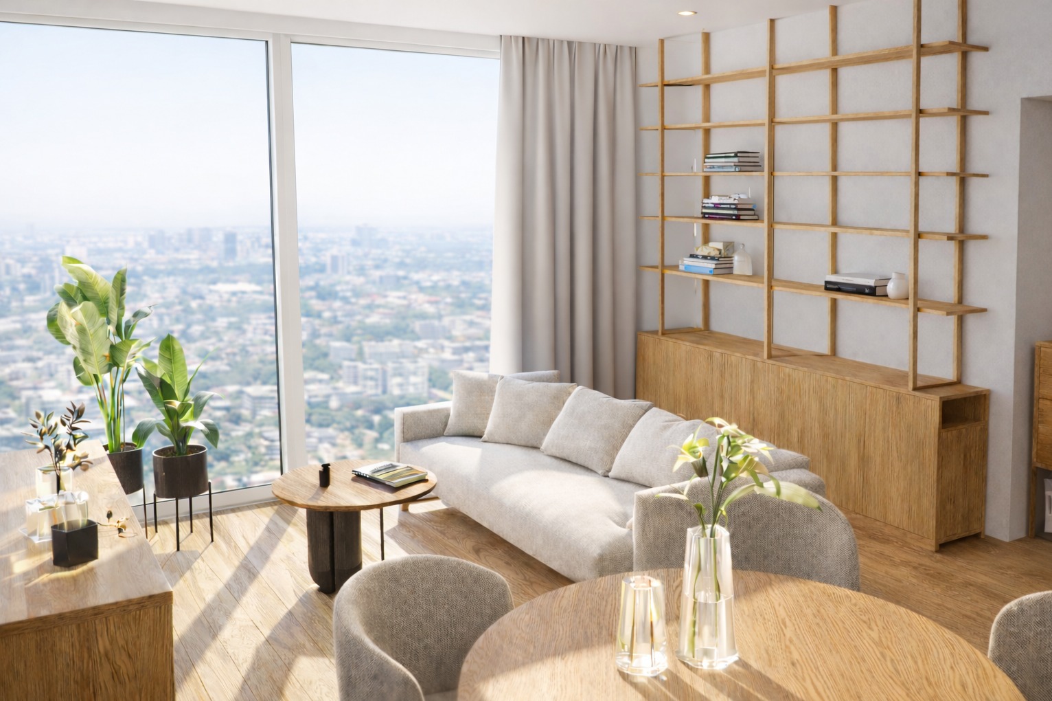 Jasne wnętrze salonu z drewnianym regałem, sofą i widokiem na miasto przez okno. Minimalistyczny design, naturalne światło, rośliny doniczkowe.
