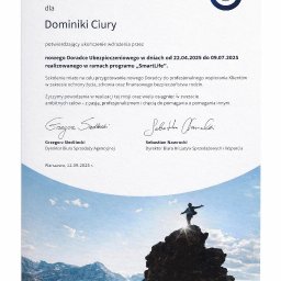 Dominika Ciura - Certyfikat ukończenia wdrożenia dla Doradcy Ubezpieczeniowego PZU, Dominiki Ciury, w programie SmartLife. Podpisany przez dyrektorów biur sprzedaży.