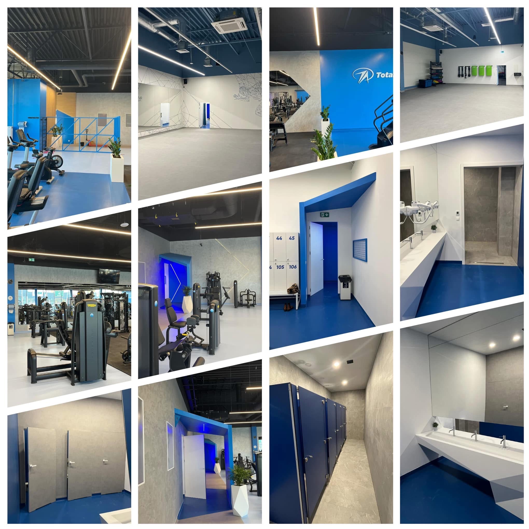 Nowoczesne wnętrze siłowni z niebieskimi akcentami: sprzęt do ćwiczeń, szatnie, umywalnie. Widok na przestrzeń treningową i strefę relaksu. Minimalistyczny design.