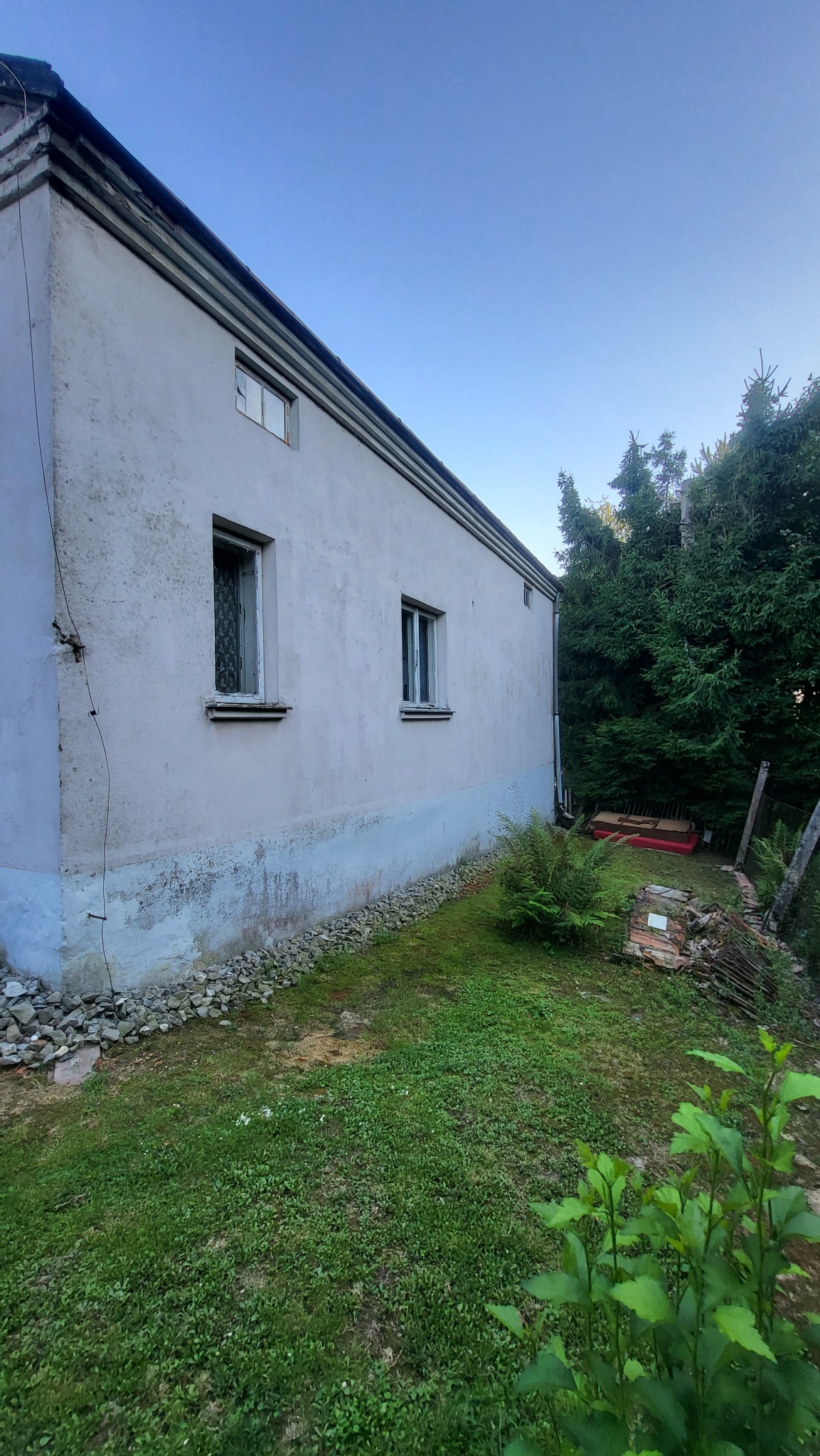 Boczny widok zaniedbanego domu z dwoma oknami, z widocznymi śladami wilgoci na elewacji i zarośniętym ogrodem. Widoczne uszkodzenia i brak renowacji.