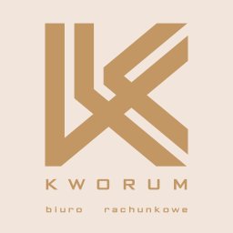 Biuro rachunkowe KWORUM - Złote logo biura rachunkowego KWORUM na beżowym tle. Minimalistyczny znak graficzny w kształcie litery K. Nowoczesny design.