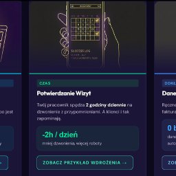 Royal-AI - Ilustracja przedstawia trzy ekrany z ofertą usług: widoczność strony, potwierdzanie wizyt i dane bez papierologii. Grafika w stylu neonowym na ciemnym tle.