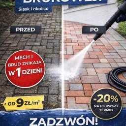 Solex Group sp. z o.o. - Mycie kostki brukowej: efekt przed i po. Po lewej kostka brudna, po prawej czysta, myta pod ciśnieniem. Oferta z rabatem i szybkim terminem realizacji.