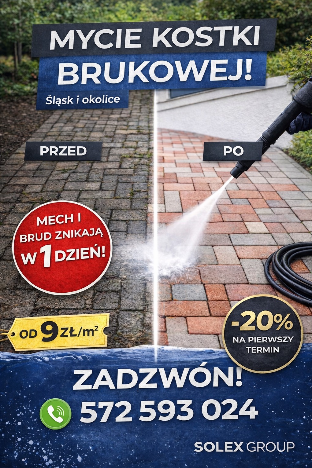 Mycie kostki brukowej: efekt przed i po. Po lewej kostka brudna, po prawej czysta, myta pod ciśnieniem. Oferta z rabatem i szybkim terminem realizacji.
