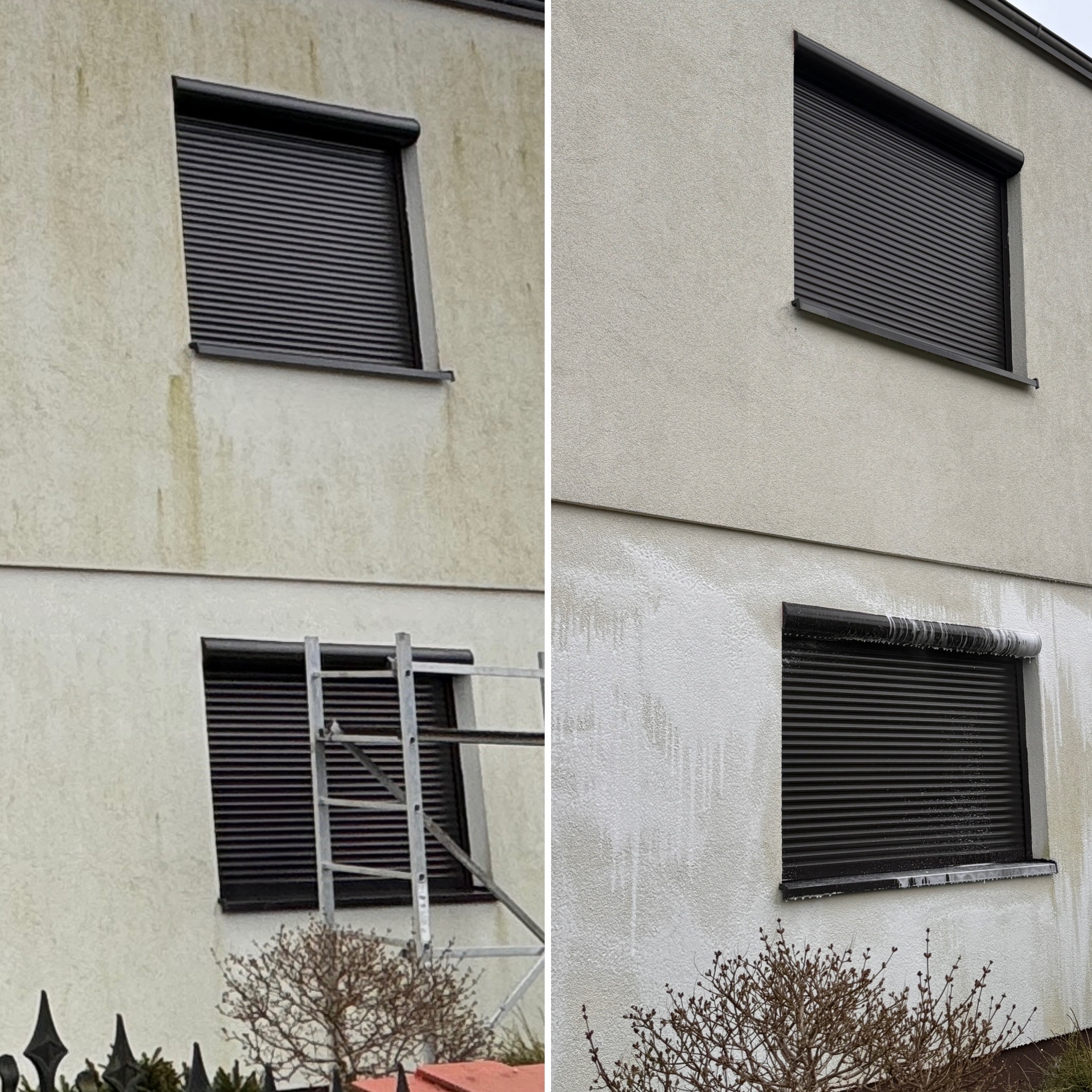 Elewacja budynku przed i po czyszczeniu, widoczne różnice w kolorze i czystości. Na lewej stronie elewacja zabrudzona, na prawej czysta. Okna z roletami.