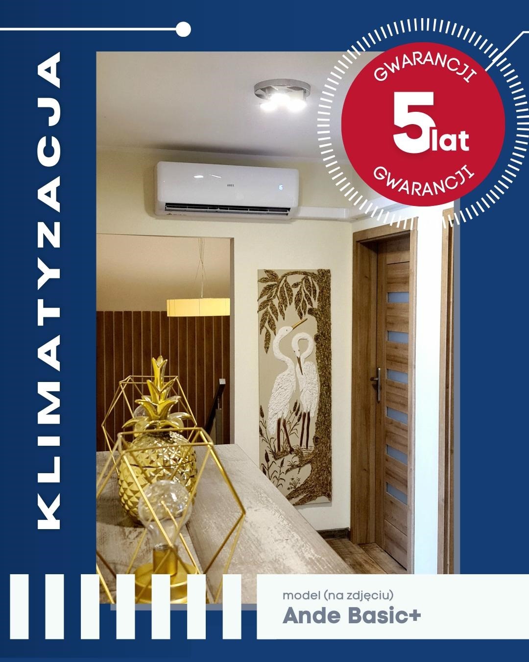 Biały klimatyzator Ande Basic+ zamontowany w jasnym wnętrzu, z dekoracyjnym ananasem na stole i grafiką z żurawiami na ścianie. Widoczna naklejka z 5-letnią gwarancją.