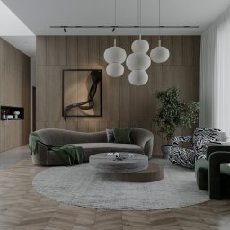 Jolanta Cioroch - Elegancki salon z drewnianą ścianą, szarą sofą, okrągłym dywanem i designerskimi fotelami. Nowoczesne oświetlenie i dekoracje tworzą przytulną atmosferę.