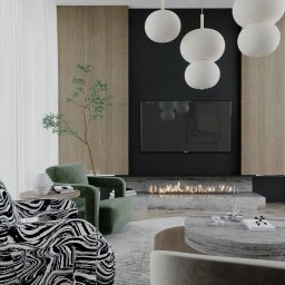 Jolanta Cioroch - Nowoczesny salon z kominkiem, zielonymi fotelami i wzorzystym krzesłem. Minimalistyczne oświetlenie i drewniane panele dodają elegancji. Widok na palenisko.