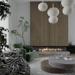 Jolanta Cioroch - Stylowy salon z kominkiem i zielonymi akcentami: fotel w zebrę, rośliny doniczkowe, okrągły stolik kawowy i nowoczesne lampy wiszące. Minimalistyczny design.