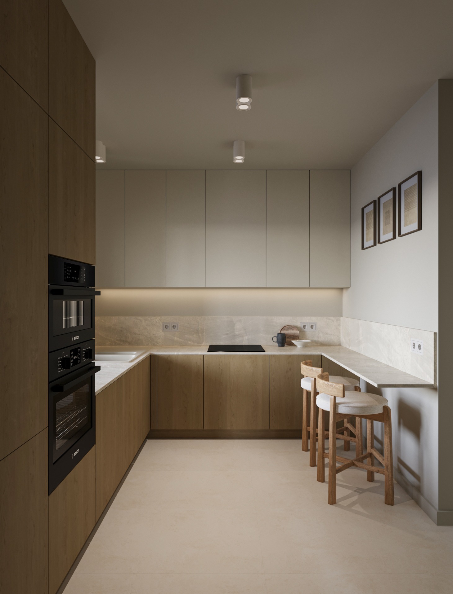 Nowoczesna kuchnia w beżach i drewnie: zabudowa kuchenna z piekarnikiem Bosch, wyspa z hokerami, minimalistyczne oświetlenie i dekoracje ścienne.