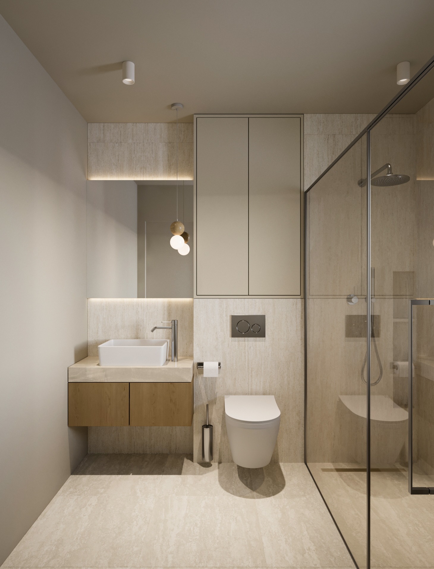 Beżowa łazienka z kabiną prysznicową, umywalką na szafce z drewnianym frontem, wiszącą toaletą i lustrem z oświetleniem LED. Minimalistyczny design.