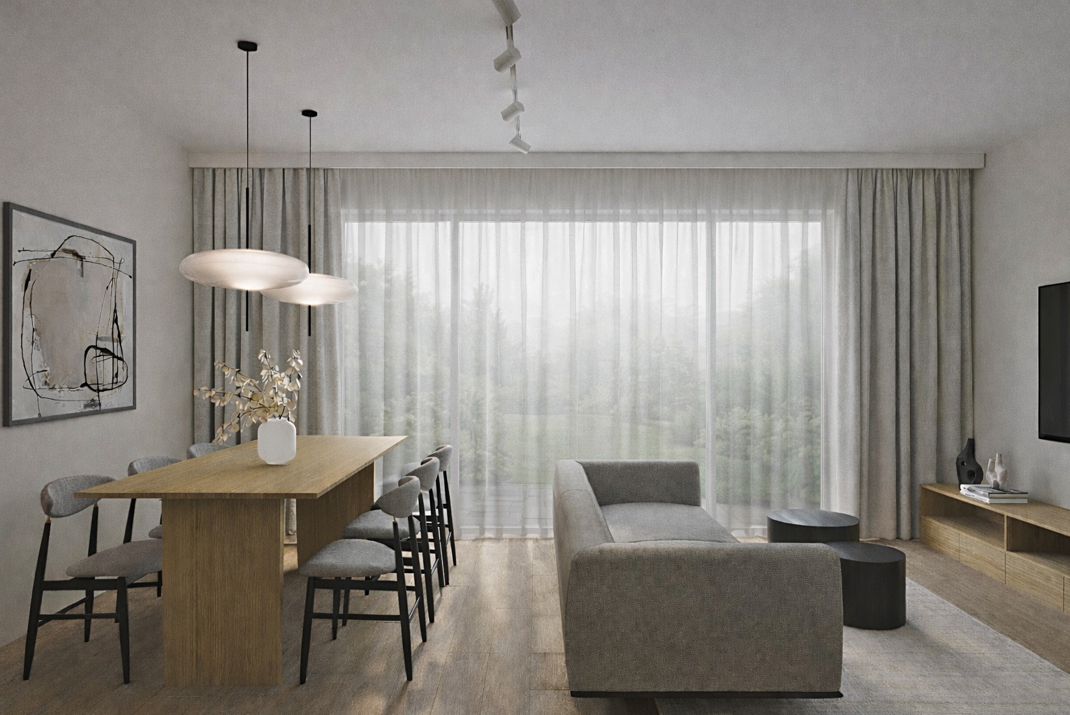 Jasne wnętrze salonu z jadalnią: drewniany stół z krzesłami, szara sofa, okno z widokiem na zieleń. Minimalistyczny design, naturalne światło, nowoczesne lampy.