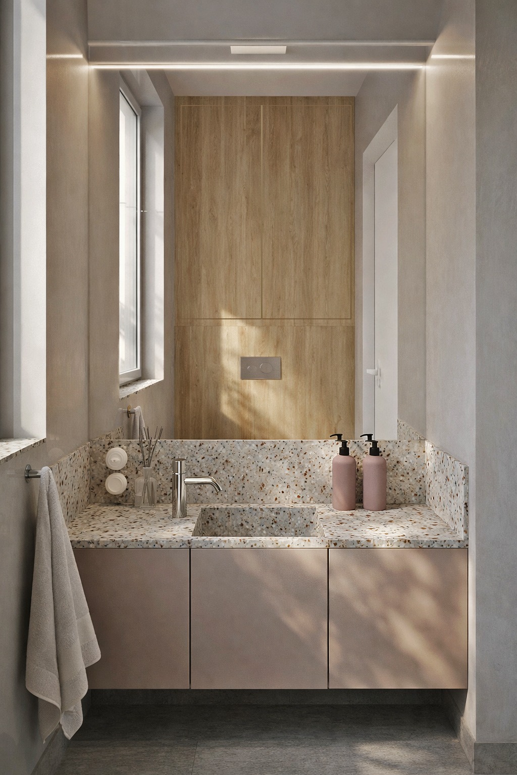 Nowoczesna łazienka z blatem lastryko, drewnianą zabudową i minimalistyczną armaturą. Umywalka wpuszczana w blat, dozowniki mydła i ręcznik dodają przytulności.