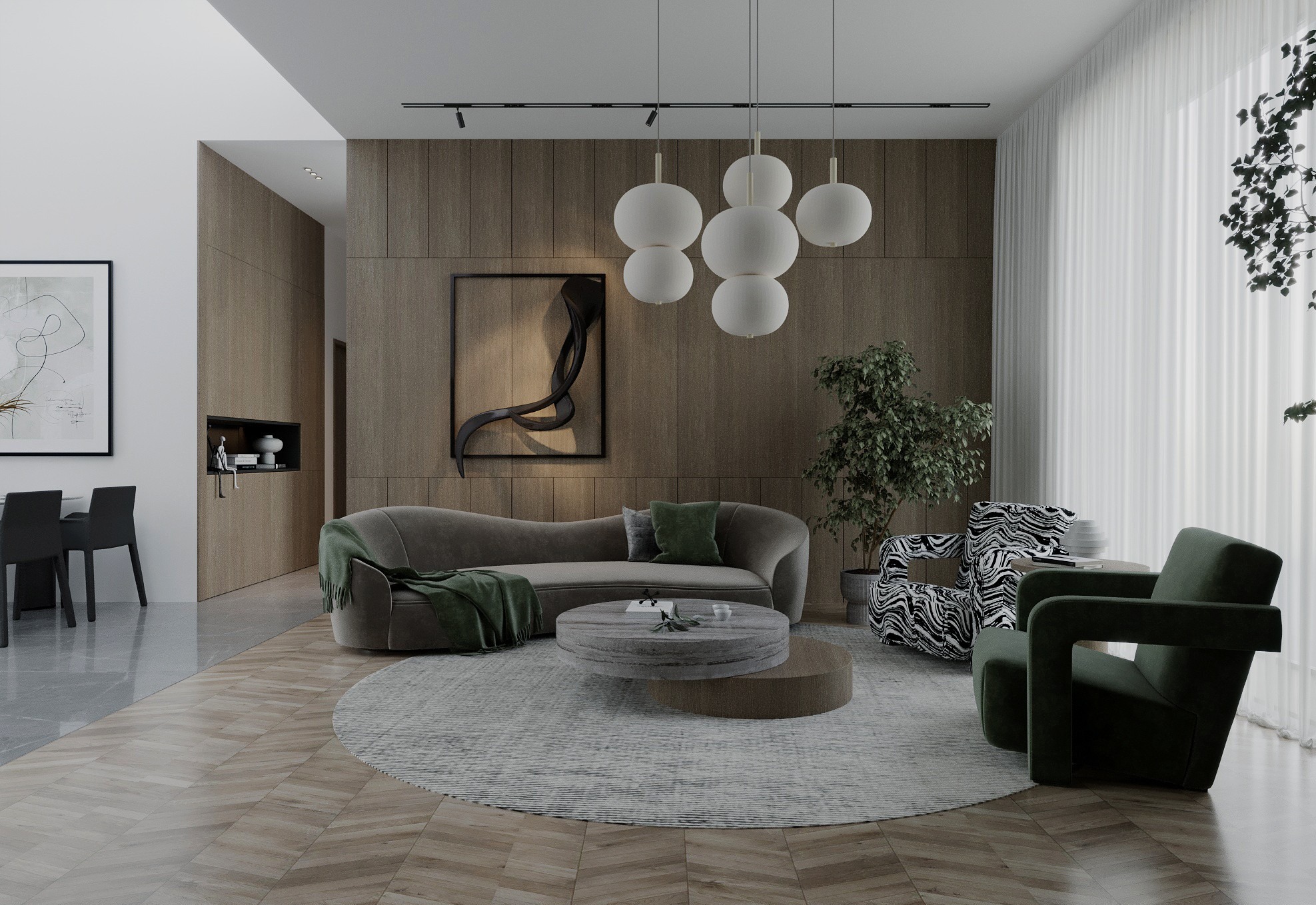 Elegancki salon z drewnianą ścianą, szarą sofą, okrągłym dywanem i designerskimi fotelami. Nowoczesne oświetlenie i dekoracje tworzą przytulną atmosferę.