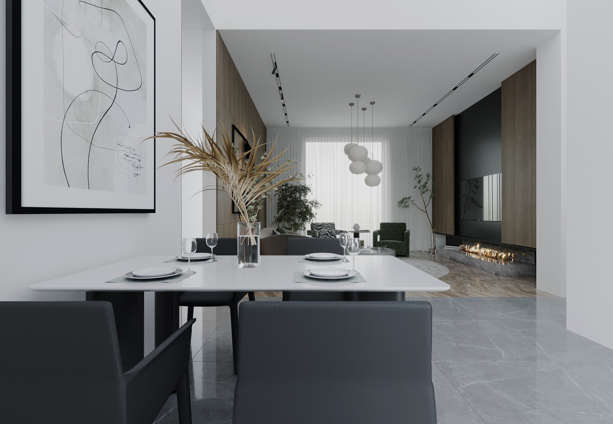 Nowoczesna jadalnia z białym stołem, szarymi krzesłami i dekoracyjnym obrazem na ścianie. W tle salon z kominkiem i zielonym fotelem. Minimalistyczny design.