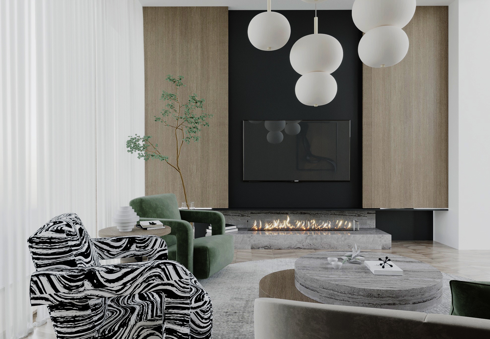 Nowoczesny salon z kominkiem, zielonymi fotelami i wzorzystym krzesłem. Minimalistyczne oświetlenie i drewniane panele dodają elegancji. Widok na palenisko.