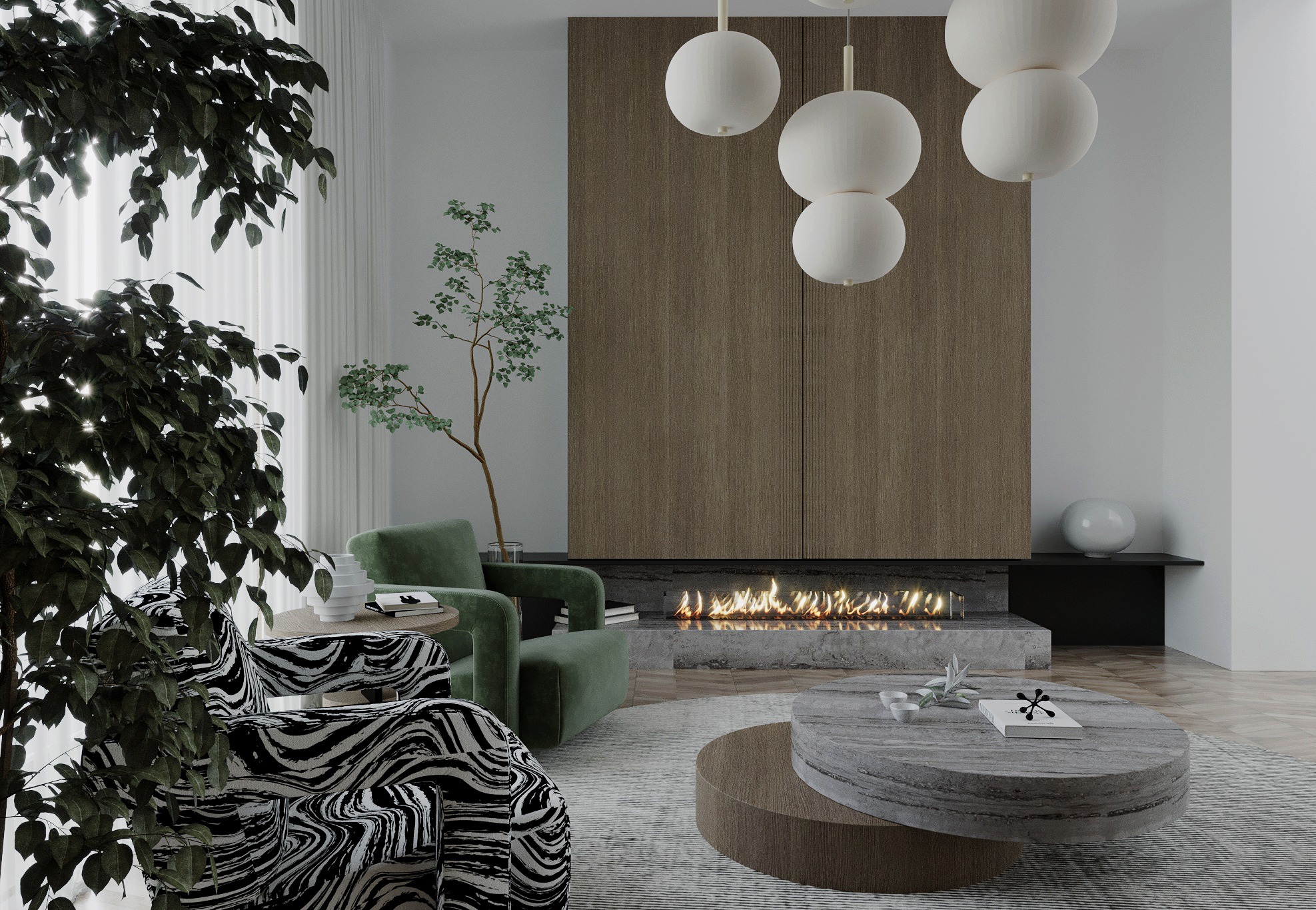 Stylowy salon z kominkiem i zielonymi akcentami: fotel w zebrę, rośliny doniczkowe, okrągły stolik kawowy i nowoczesne lampy wiszące. Minimalistyczny design.