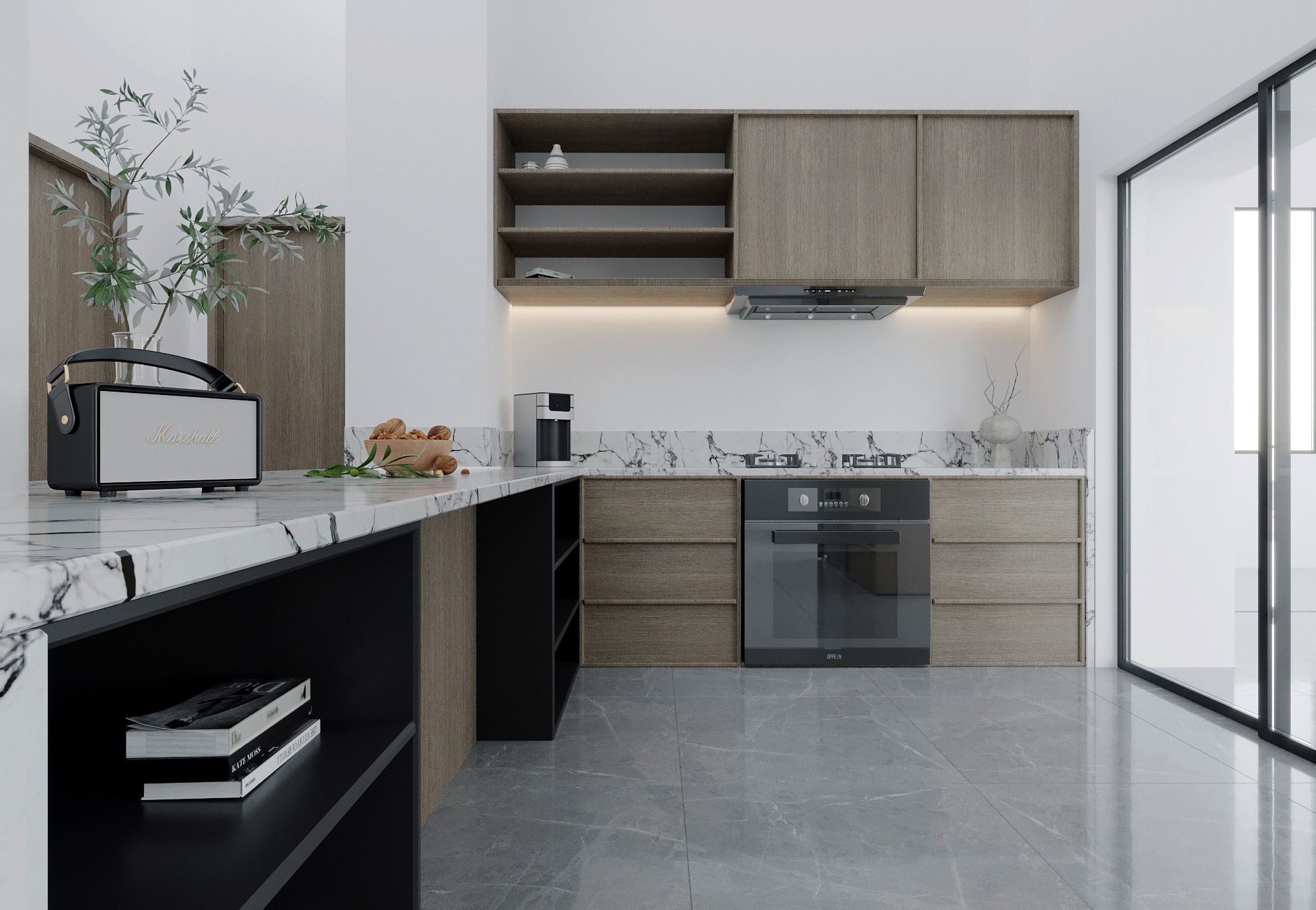 Nowoczesna kuchnia z marmurowym blatem, drewnianymi szafkami i szarymi płytkami podłogowymi. Minimalistyczny design z roślinami i sprzętem AGD.