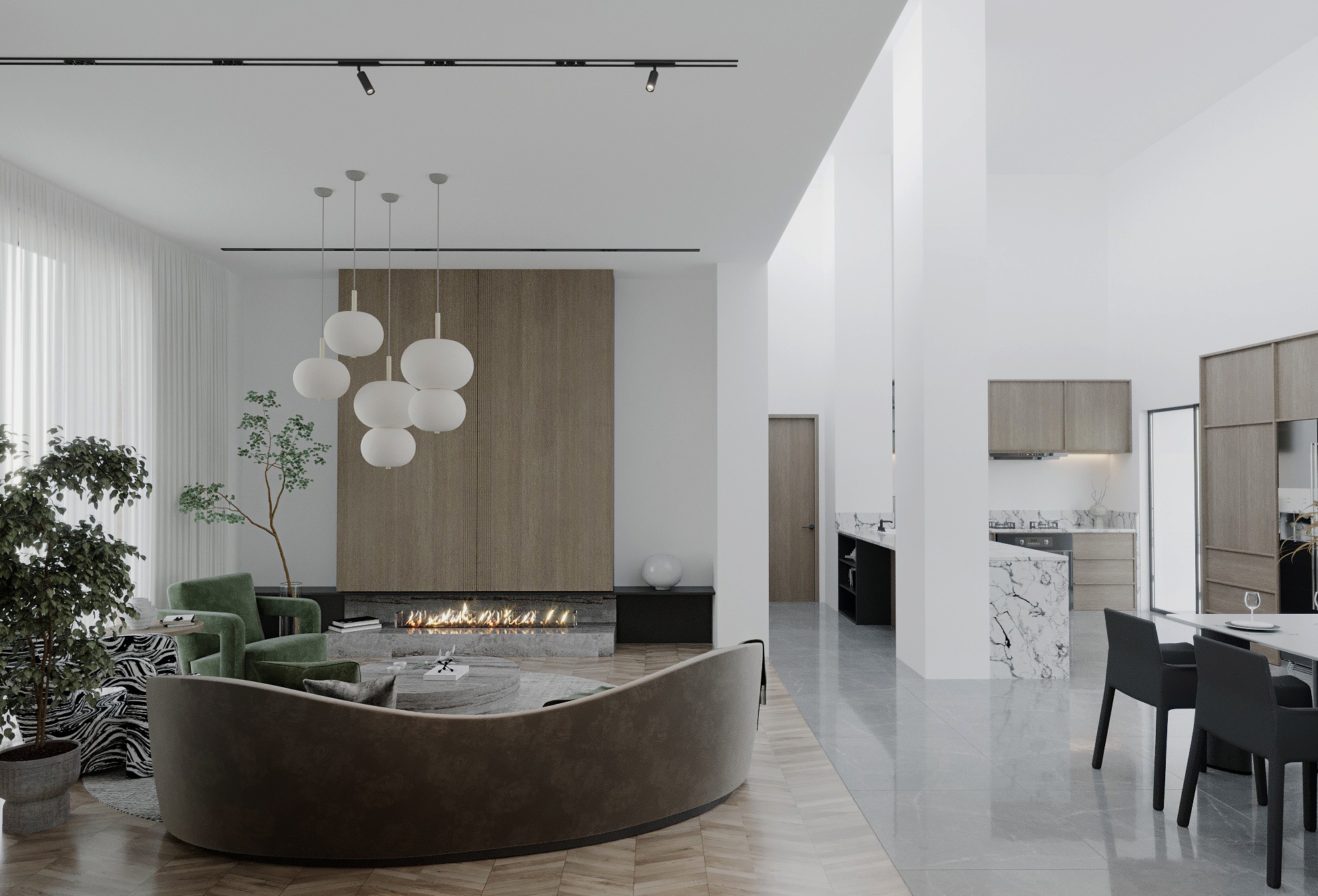 Nowoczesne wnętrze: salon z kominkiem, zielone fotele, okrągła sofa i widok na kuchnię z marmurowym blatem. Parkiet w jodełkę i minimalistyczne oświetlenie.
