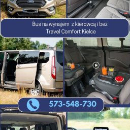 Travel Comfort Kielce - Beżowy Ford Transit z otwartymi drzwiami, wnętrze z lodówką turystyczną i stolikami z napojami. Komfortowy bus na wynajem z Travel Comfort Kielce.