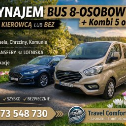 Travel Comfort Kielce - Wynajem busa 8-osobowego i kombi 5-osobowego z kierowcą lub bez. Transfery na lotniska, wesela, chrzciny, komunie, wakacje. Tanie, szybkie i bezpieczne podróże.