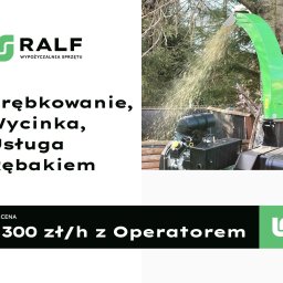 RALF Wypozyczalnia Sprzętu oraz Usługi - Usługa rębakiem: zrębkowanie i wycinka. Rębak w akcji, wyrzucający zrębki. Cena 300 zł/h z operatorem. Wynajem sprzętu RALF.