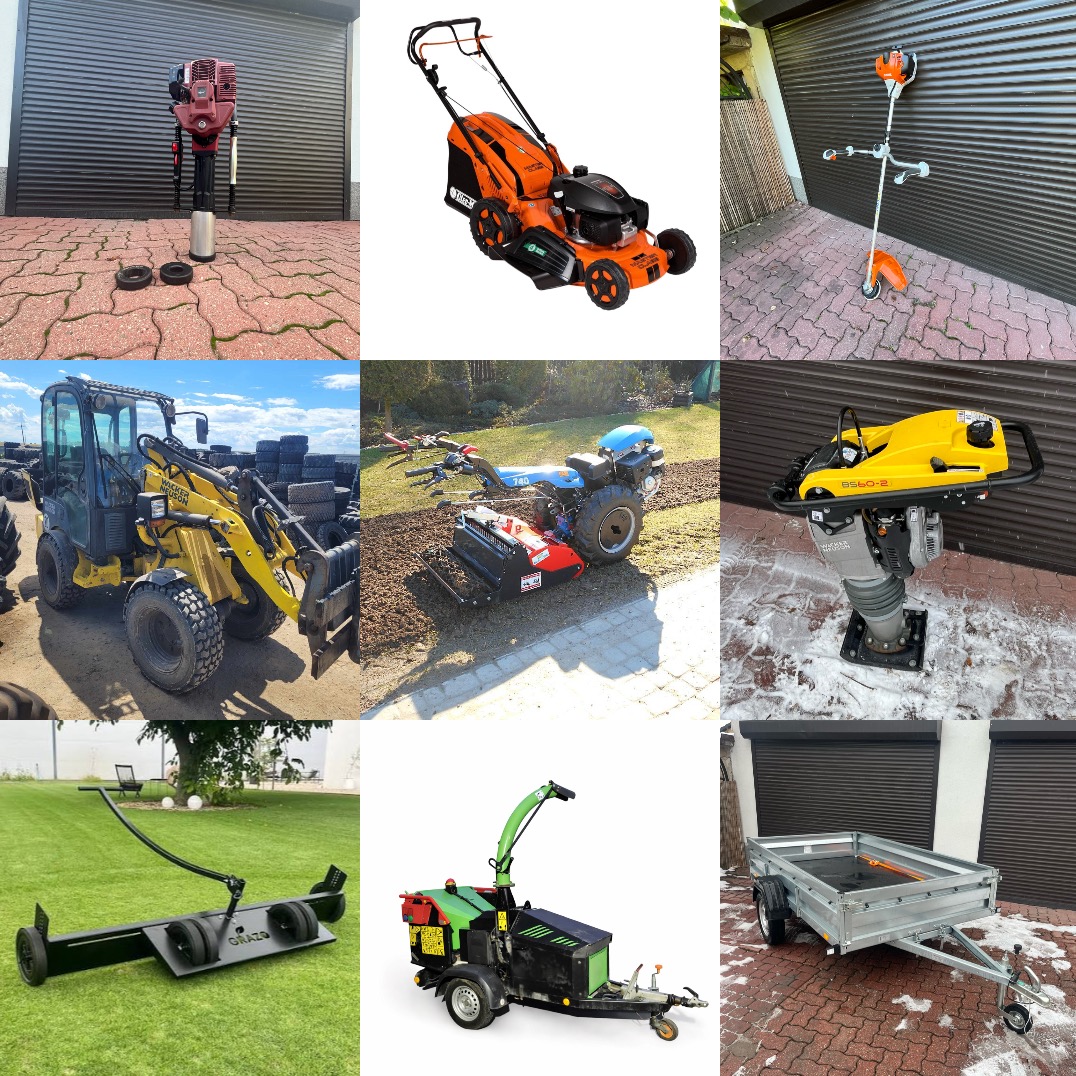 Zestaw maszyn ogrodniczych i budowlanych: zagęszczarka, glebogryzarka, kosiarka, przyczepa, walec do trawy, rozdrabniacz gałęzi, koparka i podkaszarka.