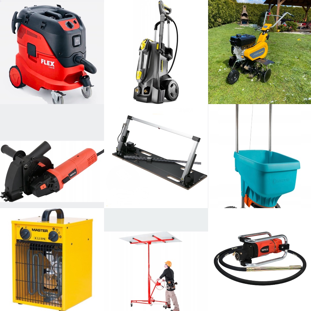 Zestaw narzędzi: odkurzacz przemysłowy, myjka ciśnieniowa, glebogryzarka, bruzdownica, poziomica laserowa, rozsiewacz, nagrzewnica, podnośnik do płyt, wibrator do betonu.