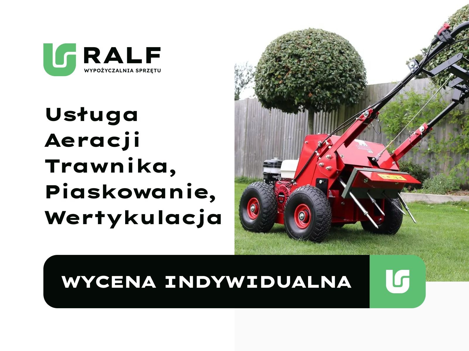 Czerwony aerator spalinowy na trawniku, usługa aeracji, piaskowania i wertykulacji trawnika, wycena indywidualna, logo firmy RALF.