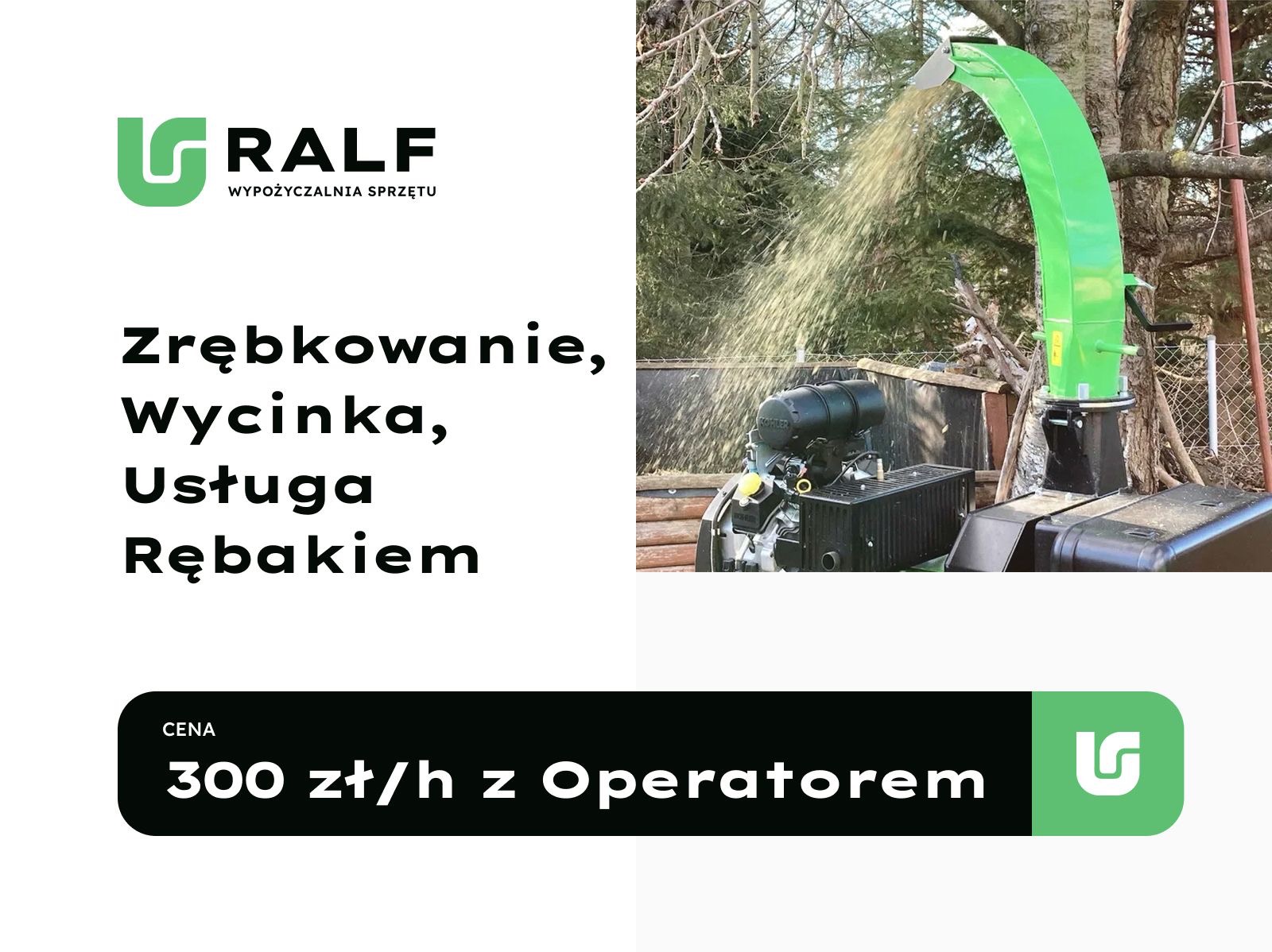 Usługa rębakiem: zrębkowanie i wycinka. Na zdjęciu maszyna do zrębkowania w trakcie pracy, wyrzucająca wióry. Widoczny silnik Kohler i logo wypożyczalni sprzętu.