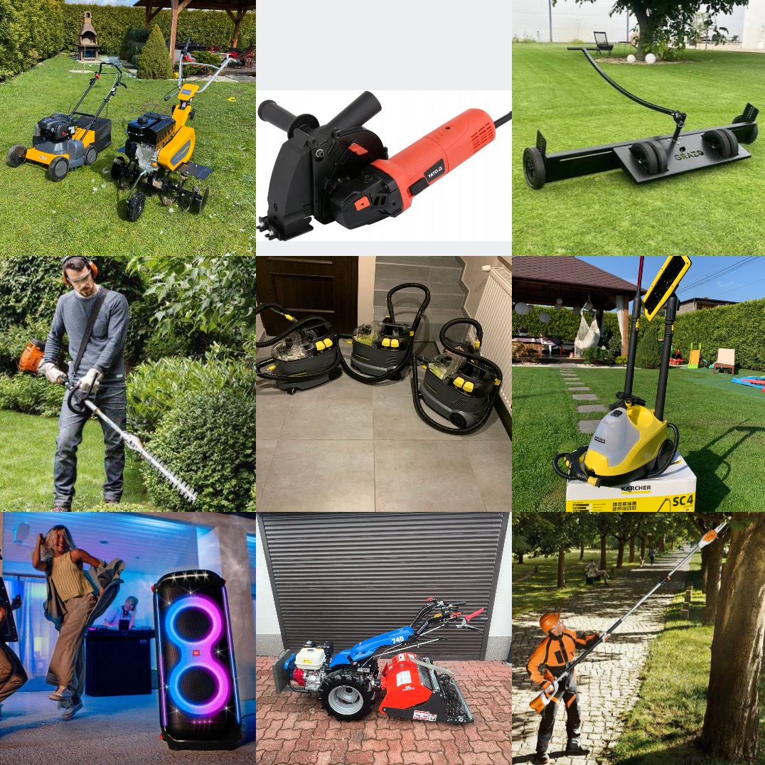 Zestaw narzędzi ogrodniczych: kosiarki, glebogryzarki, nożyce do żywopłotu, odkurzacze przemysłowe, myjka parowa i glebogryzarka separacyjna.