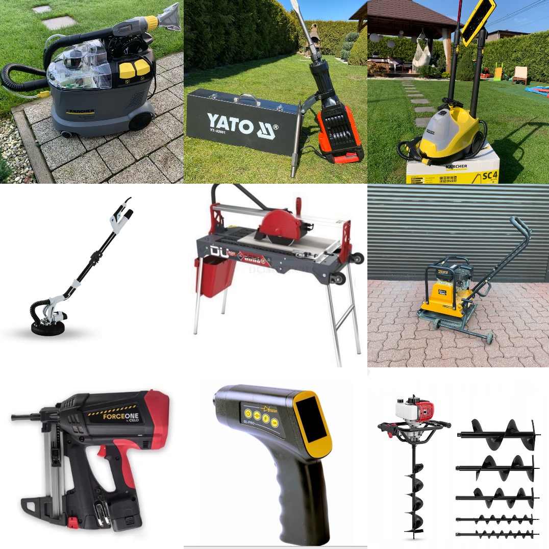 Zestaw narzędzi budowlanych i ogrodniczych w Pszczynie: od wiertarki glebowej po szlifierkę do betonu i ubijak wibracyjny. Prezentacja sprzętu.