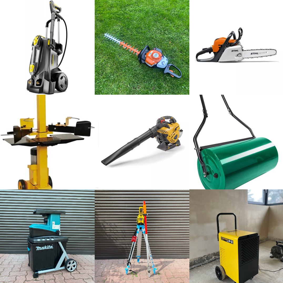 Zestaw narzędzi ogrodniczych i budowlanych: myjka ciśnieniowa, nożyce do żywopłotu, piła łańcuchowa, łuparka do drewna, dmuchawa, walec, rozdrabniacz, niwelator, osuszacz.