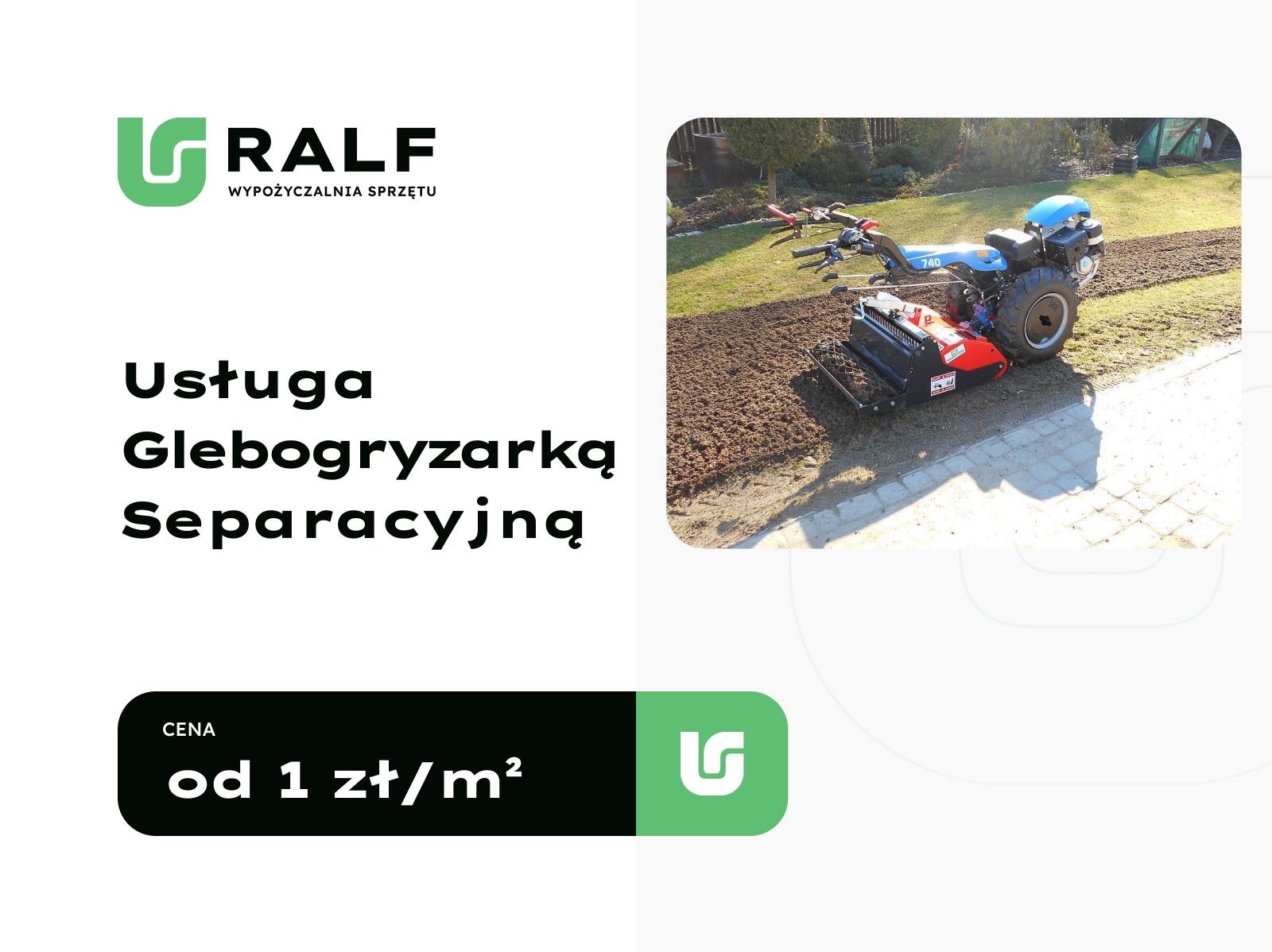 Usługa glebogryzarką separacyjną: przygotowany teren pod zasiew, widoczna maszyna w trakcie pracy. Oferta z ceną od 1 zł/m2.