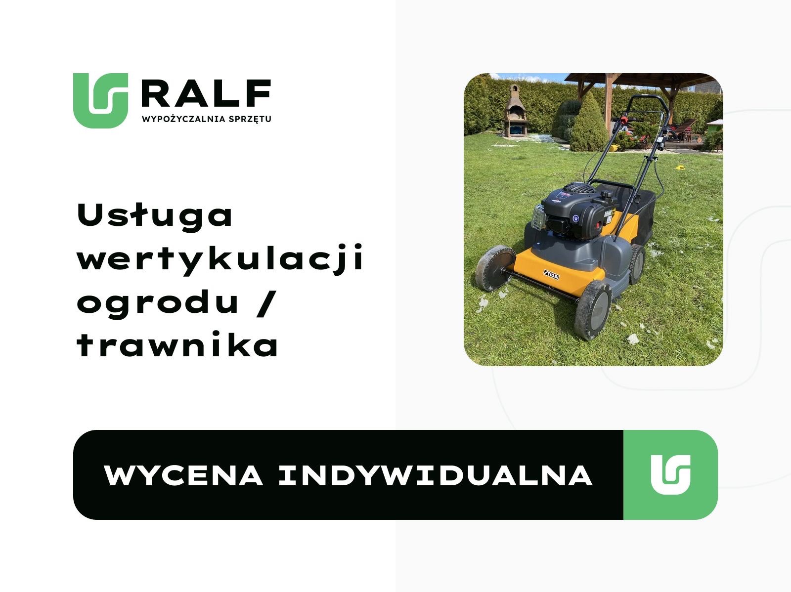 Wertykulator Stiga na trawniku, usługa wertykulacji ogrodu/trawnika, wycena indywidualna. W tle grill ogrodowy i zielona trawa.