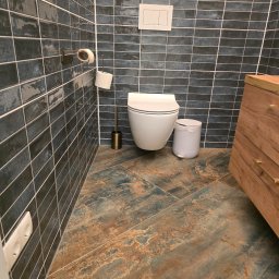 Krzysztofa Płosaj-Sandzewicz - Nowoczesna łazienka z ciemnymi, podłużnymi płytkami na ścianach i wzorzystą, brązowo-niebieską podłogą. Widoczna toaleta, kosz na śmieci i drewniana szafka.