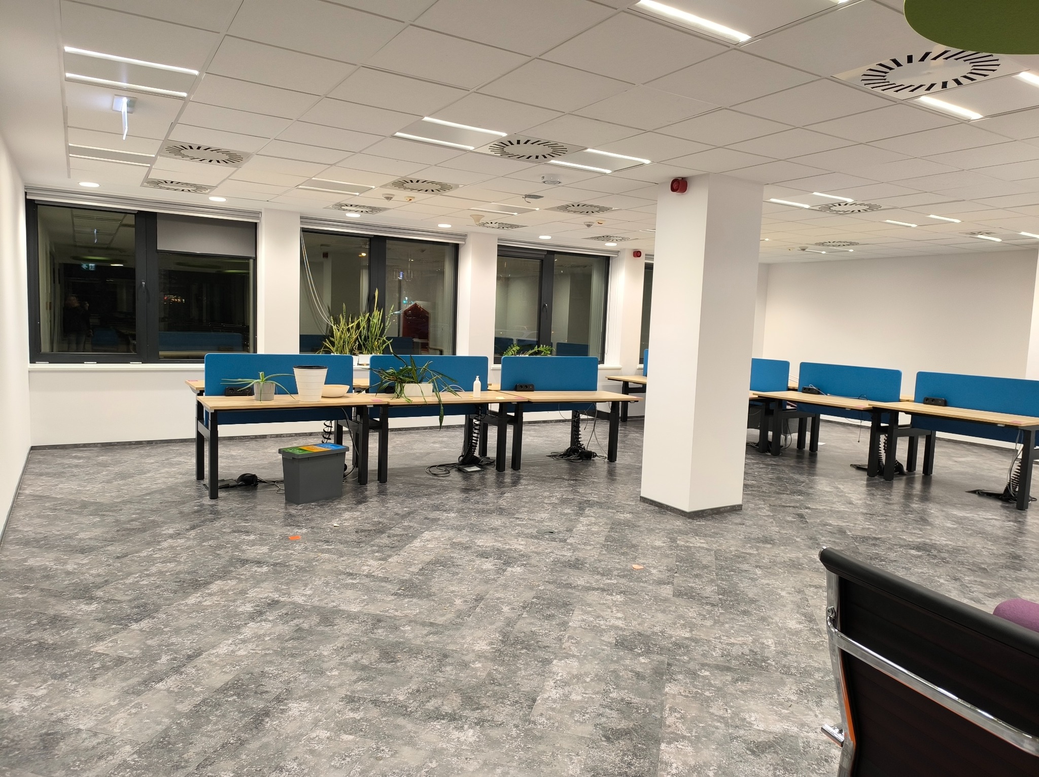 Jasne biuro po odświeżeniu: szara podłoga, białe ściany, rzędy biurek z niebieskimi przegrodami. Widoczne okna i sufit z wentylacją. Minimalistyczny design.